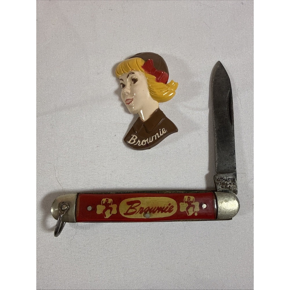 Vintage Girl Scouts Brownie Kutmaster Pocket Knife and Blonde Girl Pin Set